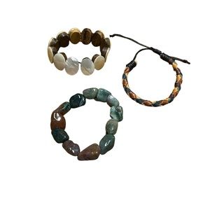 Wood and shell, leather, polished rock three bracelet bundle